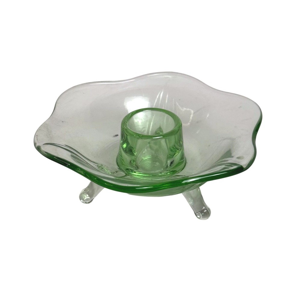 Fenton Uranium Glass Lotus‎ 6 Petal 3 Footed Green Candle Holder UV Reactive